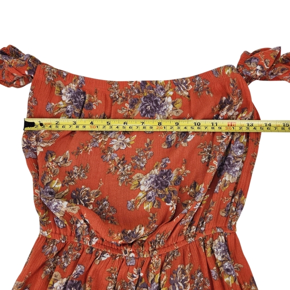 American Eagle Outfitters Orange Floral Mini Dress Off Shoulder XS Boho Pockets - Picture 11 of 14